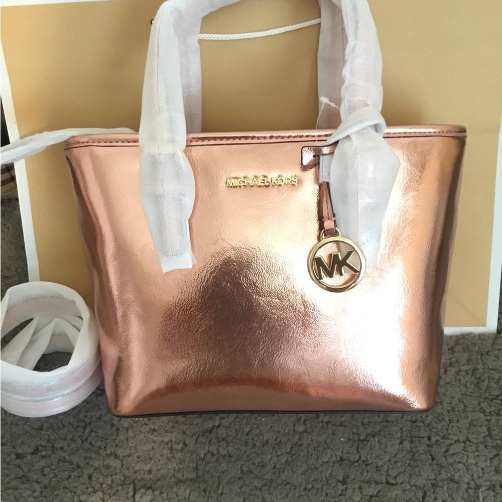 NWT Michael Kors Jetset Metallic Rose Gold “Prime Rose” Small Tote /Crossbody Ba